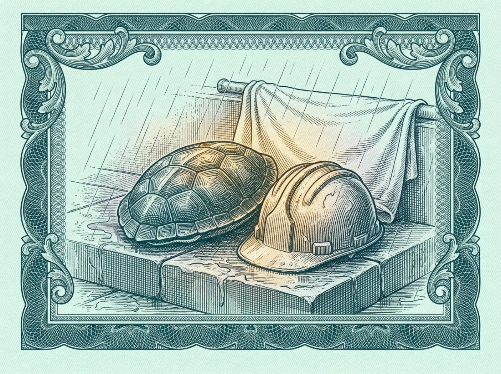 Engraved vignette of a turtle shell and a worker's hard hat side by side on a wet stone step, a blank banner draped behind them