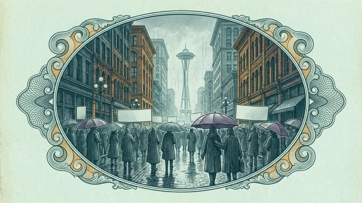 Engraved vignette of a rainy downtown Seattle street filled with marchers under umbrellas carrying blank banners, the Space Needle in the distance