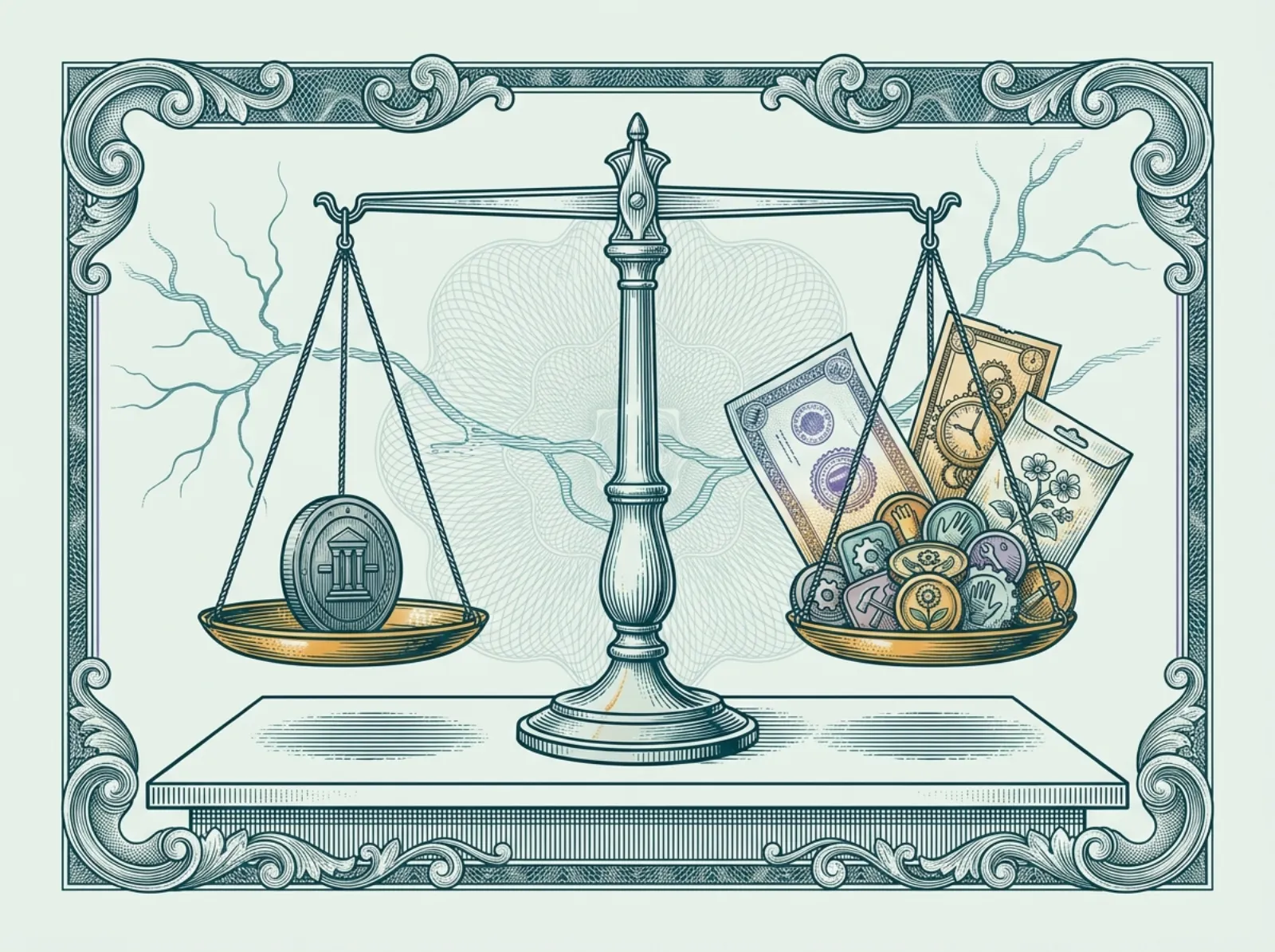 Engraved illustration of a balance scale weighing a single large coin against a cluster of smaller community tokens