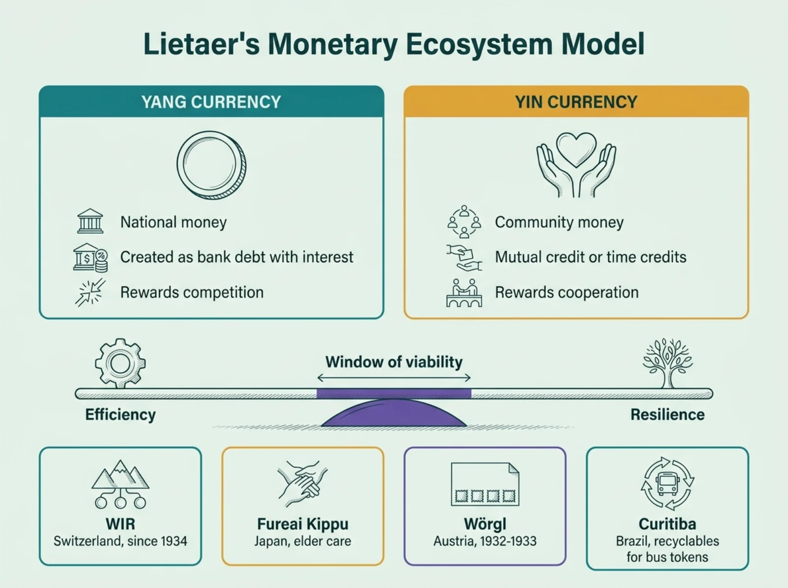 Infographic of Lietaer's monetary ecosystem model showing yang and yin currencies, the efficiency and resilience balance, and four example currencies
