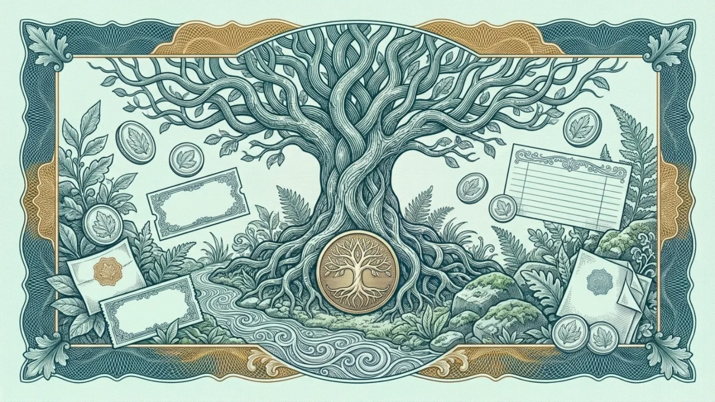 Engraved vignette of several different coins and tokens arranged like a small ecosystem around a tree, in teal and amber