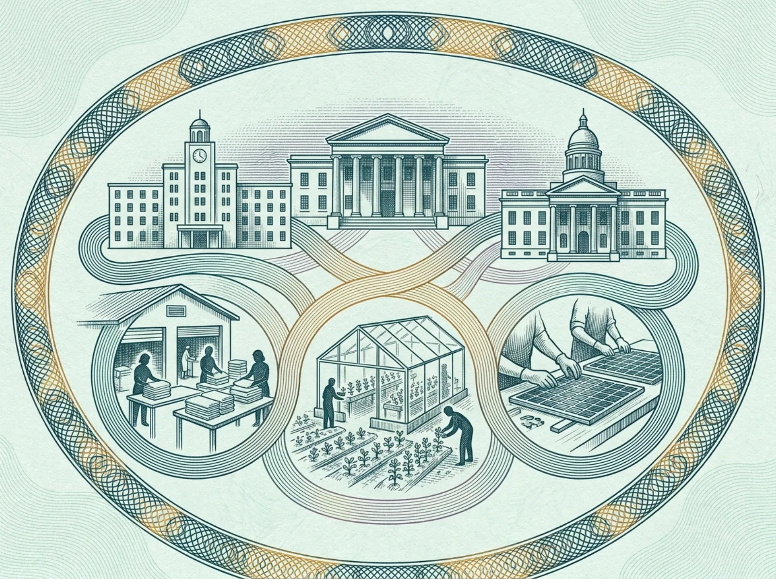 Engraved illustration of a hospital, a university and a town hall linked by lines to small cooperative workshops, teal and amber intaglio style
