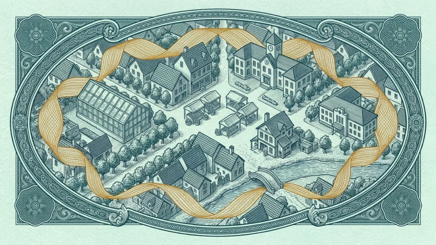 Engraved bird's-eye view of a small town with a market square, greenhouse and workshops, circled by an amber ribbon symbolizing money that circulates in the local economy