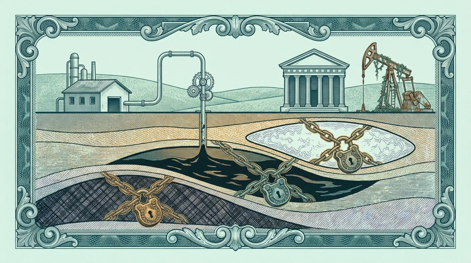 Engraved illustration of chained and padlocked coal, oil and gas deposits underground, with a bank building and an idle pumpjack above as a symbol of stranded assets