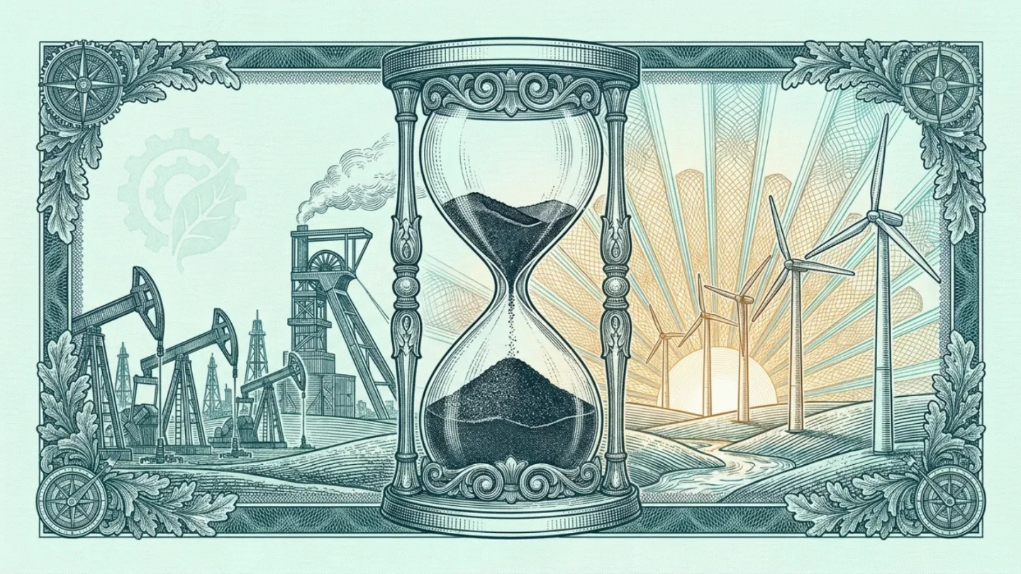 Engraved vignette of an hourglass running low on coal dust between an oil field and wind turbines, symbolizing the shrinking carbon budget