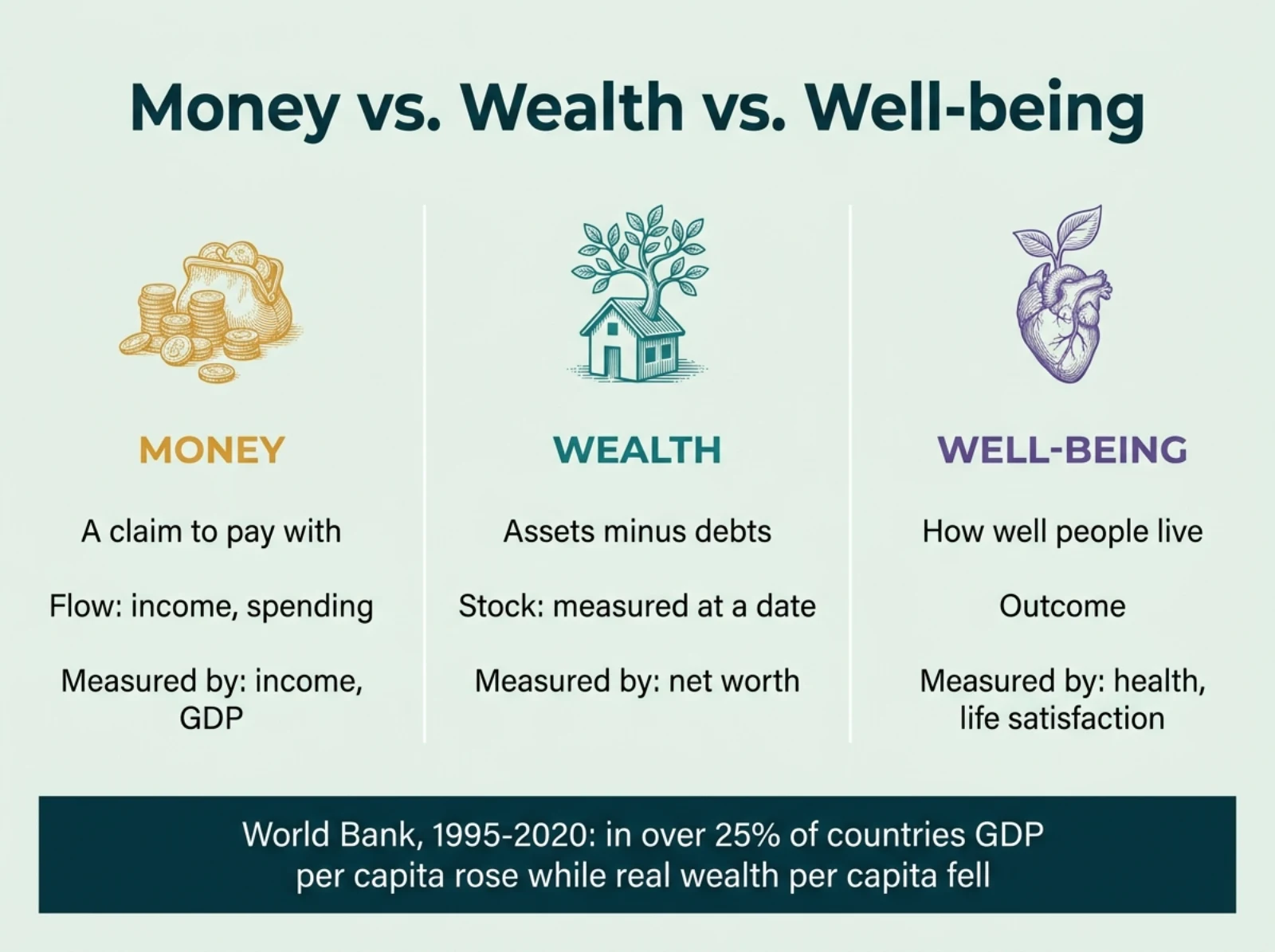 Infographic comparing money, wealth and well-being: what each is, whether it is a flow or a stock, and how it is measured