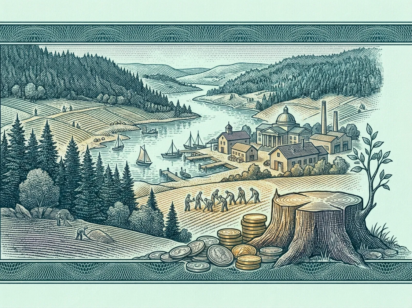 Engraved river valley with forests, farm fields, a fishing harbor and a town, with coins piled beside a tree stump in the foreground