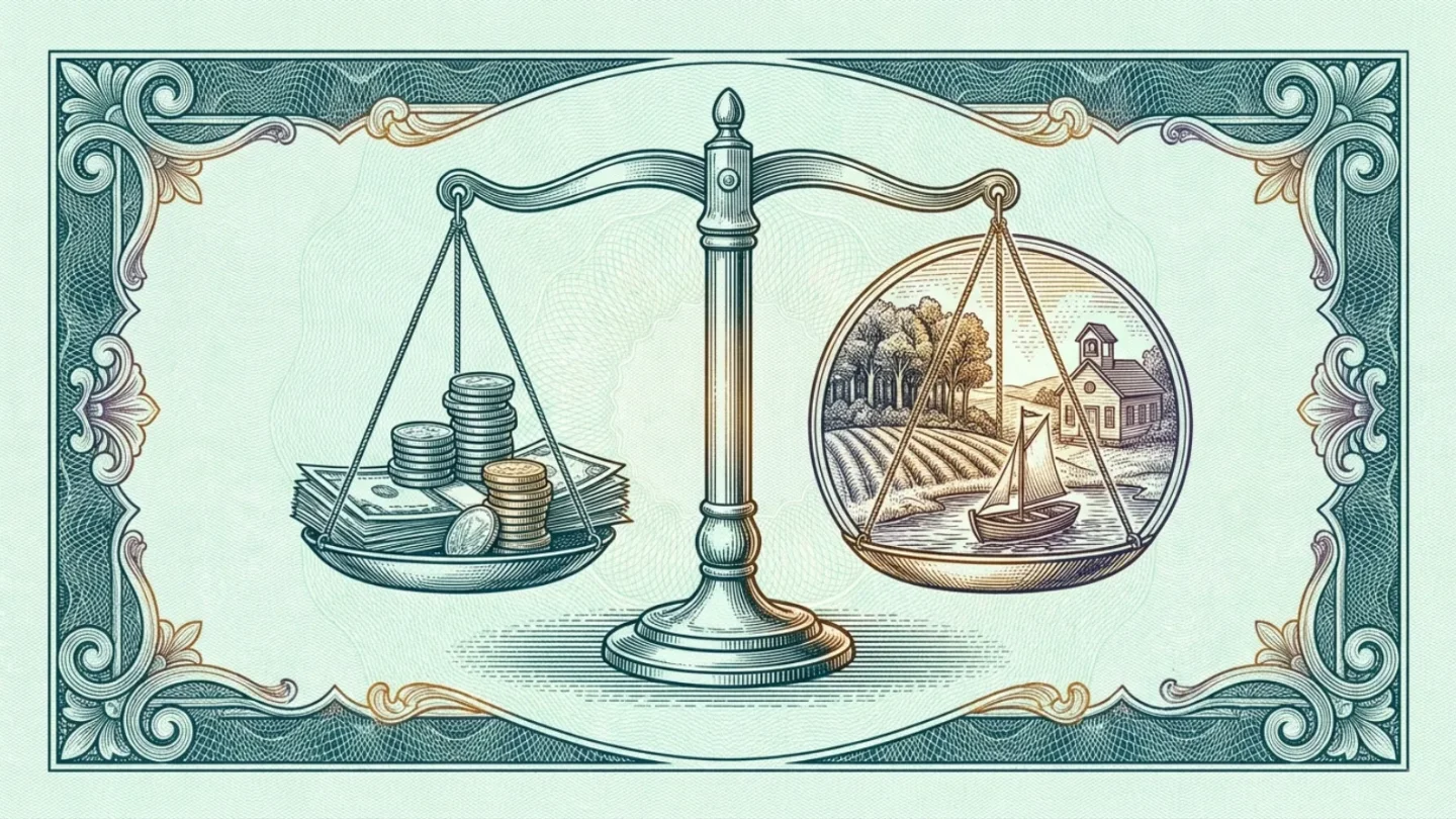 Engraved balance scale weighing coins and banknotes against a small landscape with forest, farm field, sailboat and schoolhouse