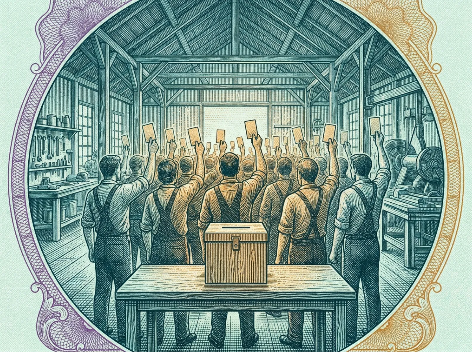 Engraved vignette of co-op members in a workshop hall each raising one voting card above a ballot box