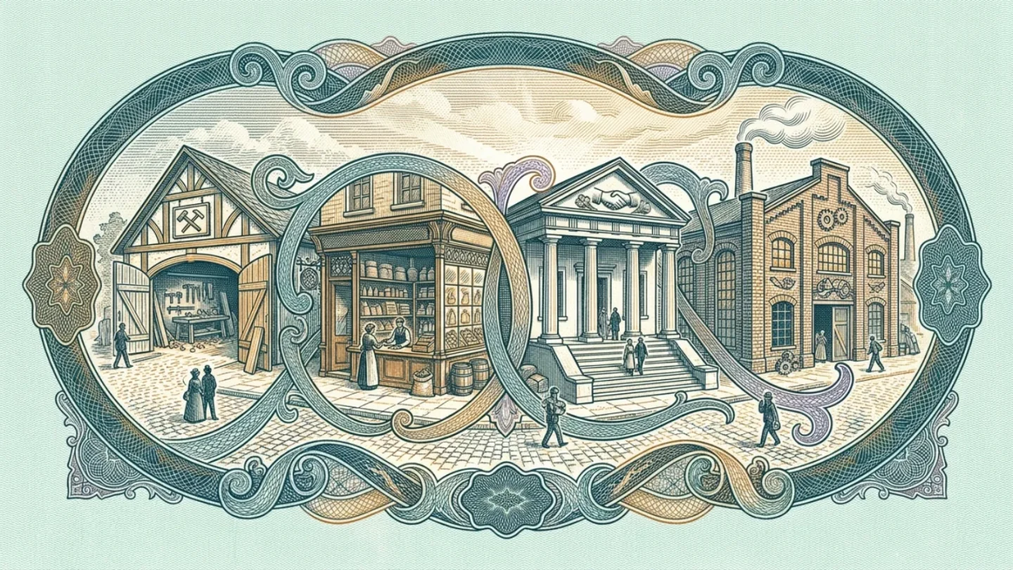 Engraved illustration of a workshop, a shop counter and a foundation building joined by guilloché ribbons