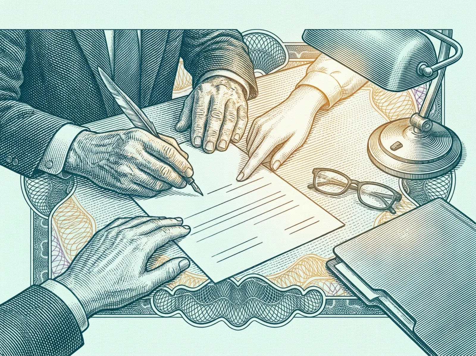 Engraved illustration of an older veteran's hands filling in a VA claim form while a helper points to a line, with a desk lamp, reading glasses and a folder