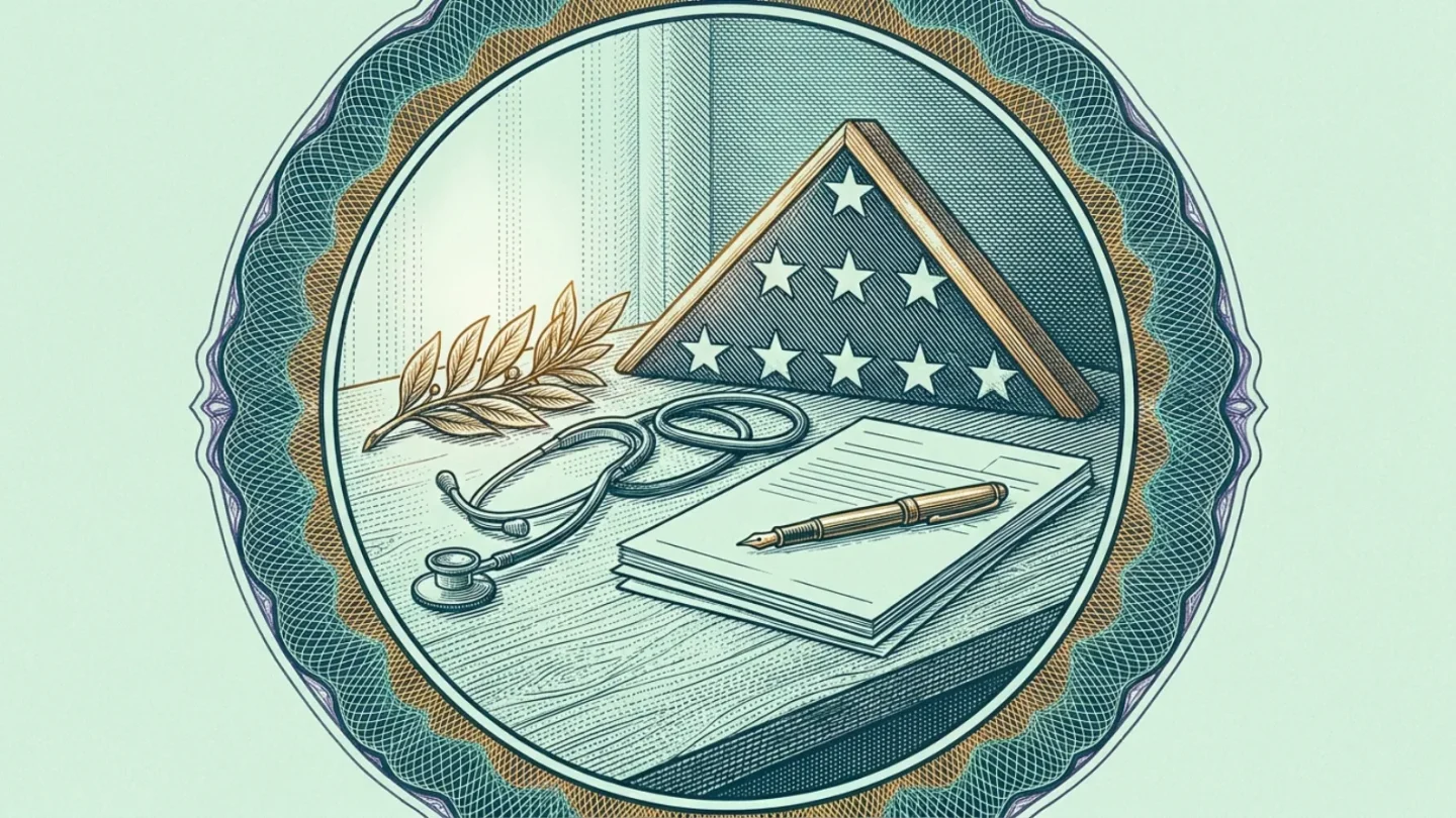 Engraved vignette of a folded flag in a display case, a stethoscope and claim forms with a fountain pen on a desk, symbolizing VA health care and disability benefits